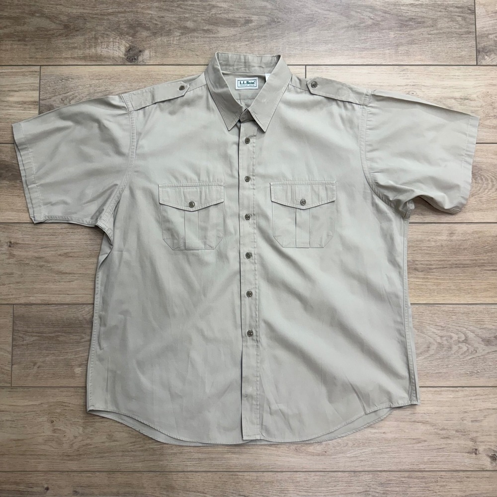 LL Bean Mens XXL Khaki Safari Shirt Short Sleeve Epaulets Rick Grimes Style